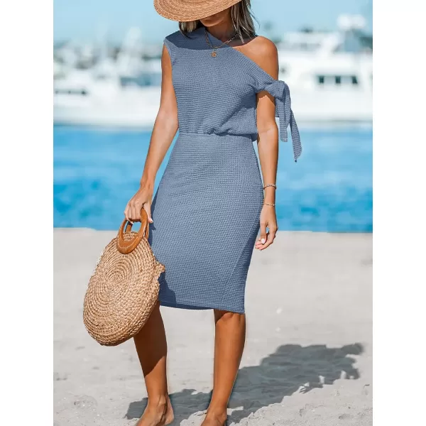 imageCUPSHE Womens Waffle Knit Beach Dress Off Shoulder with Knot Short Sleeve Mini Midi Summer DressesLight Blue