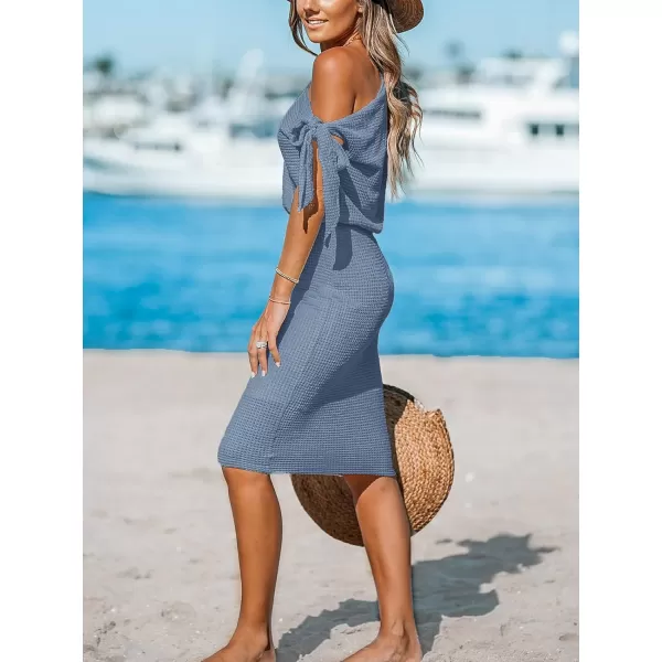imageCUPSHE Womens Waffle Knit Beach Dress Off Shoulder with Knot Short Sleeve Mini Midi Summer DressesLight Blue