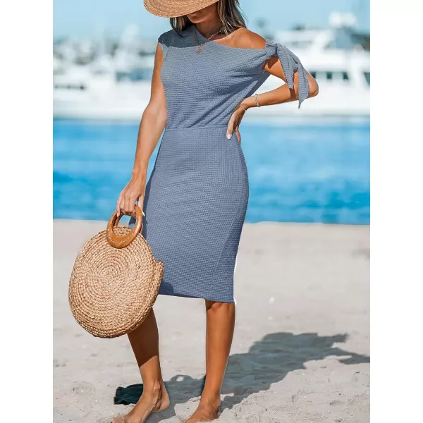 imageCUPSHE Womens Waffle Knit Beach Dress Off Shoulder with Knot Short Sleeve Mini Midi Summer DressesLight Blue