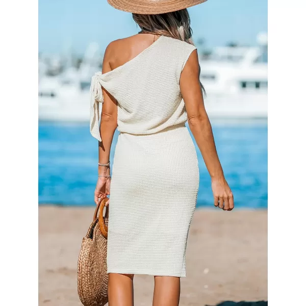 imageCUPSHE Womens Waffle Knit Dress Off Shoulder Styling with Knot Dresses Short Sleeve Midi DressKhaki