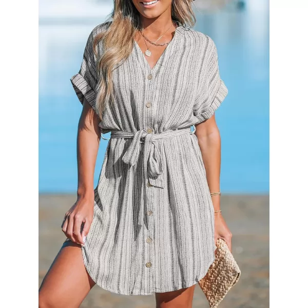 imageCUPSHE Womens Waist Tie Dress Short Cuffed Sleeve Dresses V Neck Button Mini Shirt DressBlack