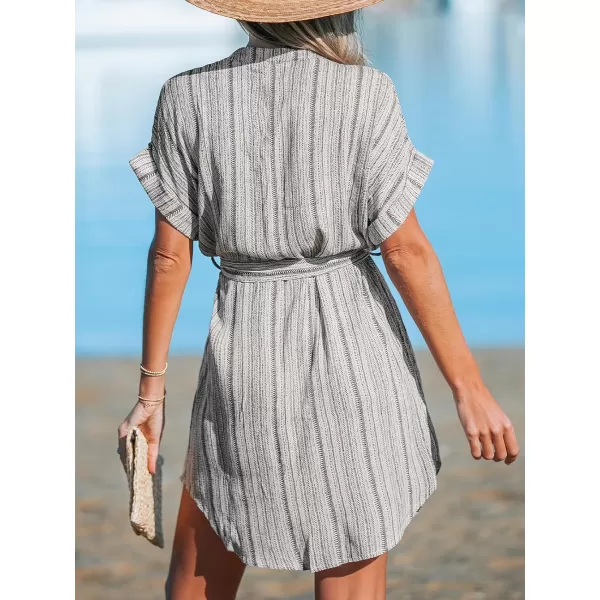 imageCUPSHE Womens Waist Tie Dress Short Cuffed Sleeve Dresses V Neck Button Mini Shirt DressBlack