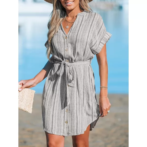 imageCUPSHE Womens Waist Tie Dress Short Cuffed Sleeve Dresses V Neck Button Mini Shirt DressBlack