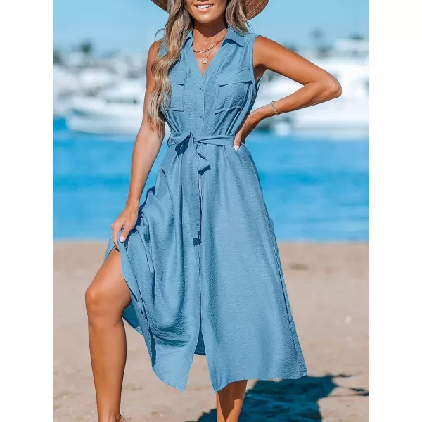 imageCUPSHE Womens Waist Tie Dress V Neck with Collar Dresses Sleeveless Button Midi Dress with PocketsBlue