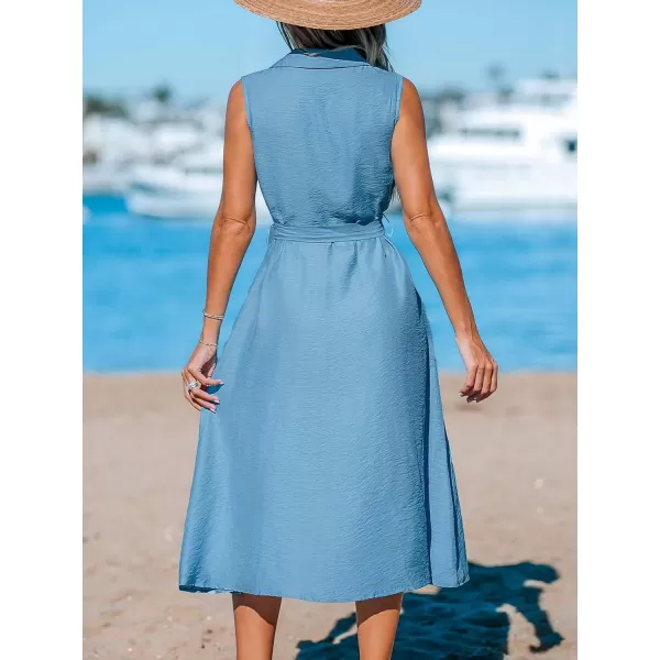 imageCUPSHE Womens Waist Tie Dress V Neck with Collar Dresses Sleeveless Button Midi Dress with PocketsBlue