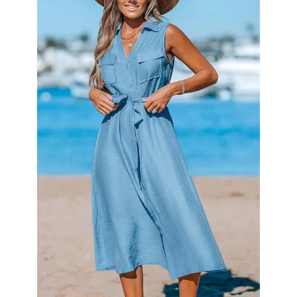 imageCUPSHE Womens Waist Tie Dress V Neck with Collar Dresses Sleeveless Button Midi Dress with PocketsBlue