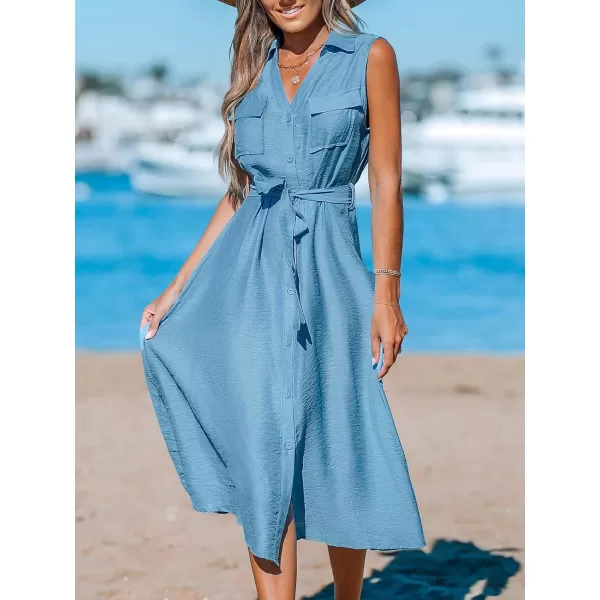 imageCUPSHE Womens Waist Tie Dress V Neck with Collar Dresses Sleeveless Button Midi Dress with PocketsBlue