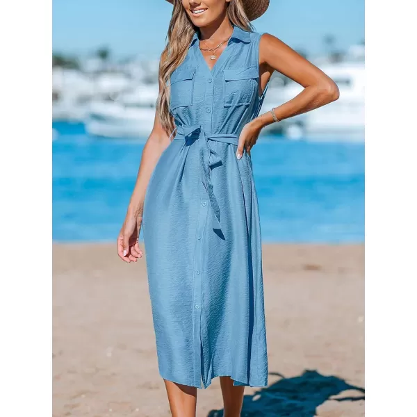 imageCUPSHE Womens Waist Tie Dress V Neck with Collar Dresses Sleeveless Button Midi Dress with PocketsBlue