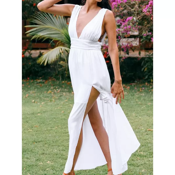 imageCUPSHE Womens White Backless Split Maxi Dress Plunge Ruched ZipperWhite