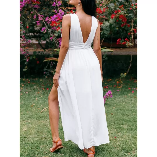 imageCUPSHE Womens White Backless Split Maxi Dress Plunge Ruched ZipperWhite