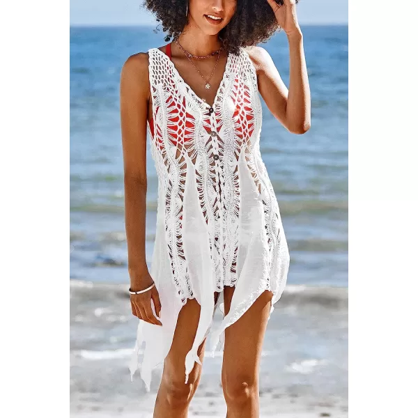 imageCUPSHE Womens White Crochet Cover Up Asymmetrical Dress Button Sleeveless Hollow OutWhite
