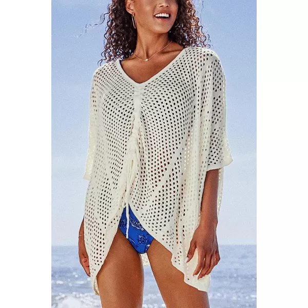 imageCUPSHE Womens White V Neck Mesh Drawstring Front Short Sleeve Cover UpWhite