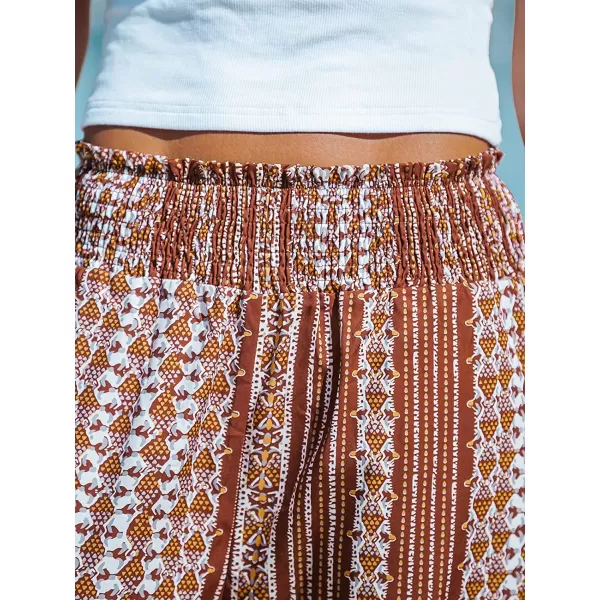 imageCUPSHE Womens Wide Leg Tribal Print Smocked Pants High Elastic Waisted Bobo PantsBrown