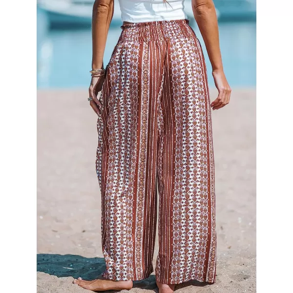 imageCUPSHE Womens Wide Leg Tribal Print Smocked Pants High Elastic Waisted Bobo PantsBrown