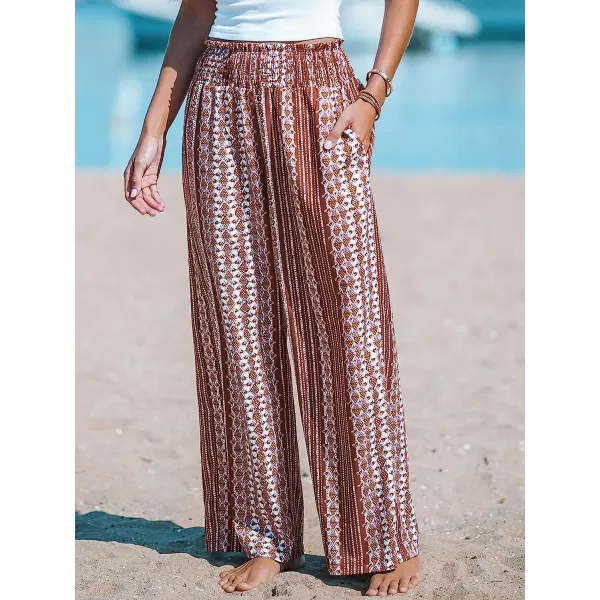 imageCUPSHE Womens Wide Leg Tribal Print Smocked Pants High Elastic Waisted Bobo PantsBrown