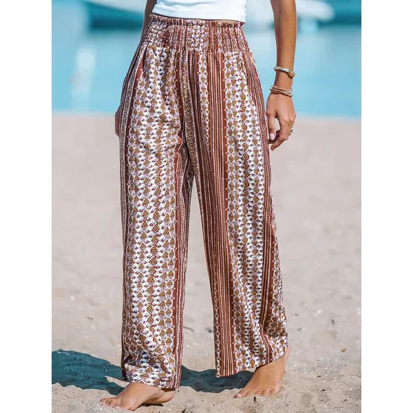 imageCUPSHE Womens Wide Leg Tribal Print Smocked Pants High Elastic Waisted Bobo PantsBrown