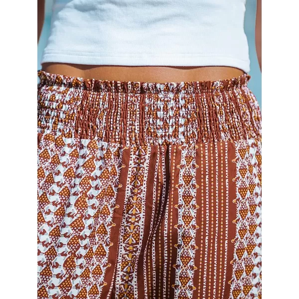 imageCUPSHE Womens Wide Leg Tribal Print Smocked Pants High Elastic Waisted Bobo PantsBrown