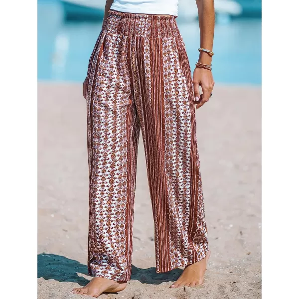 imageCUPSHE Womens Wide Leg Tribal Print Smocked Pants High Elastic Waisted Bobo PantsBrown