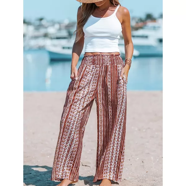 imageCUPSHE Womens Wide Leg Tribal Print Smocked Pants High Elastic Waisted Bobo PantsBrown