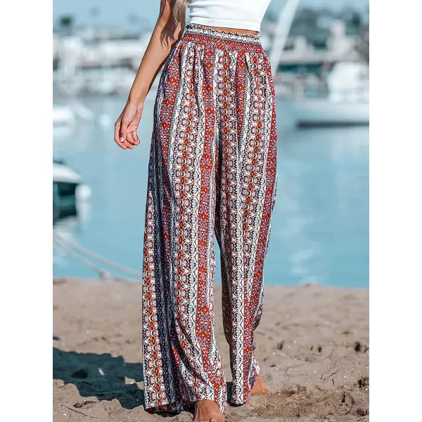 imageCUPSHE Womens Wide Leg Tribal Print Smocked Pants High Elastic Waisted Bobo PantsRed