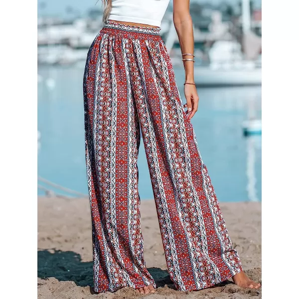imageCUPSHE Womens Wide Leg Tribal Print Smocked Pants High Elastic Waisted Bobo PantsRed