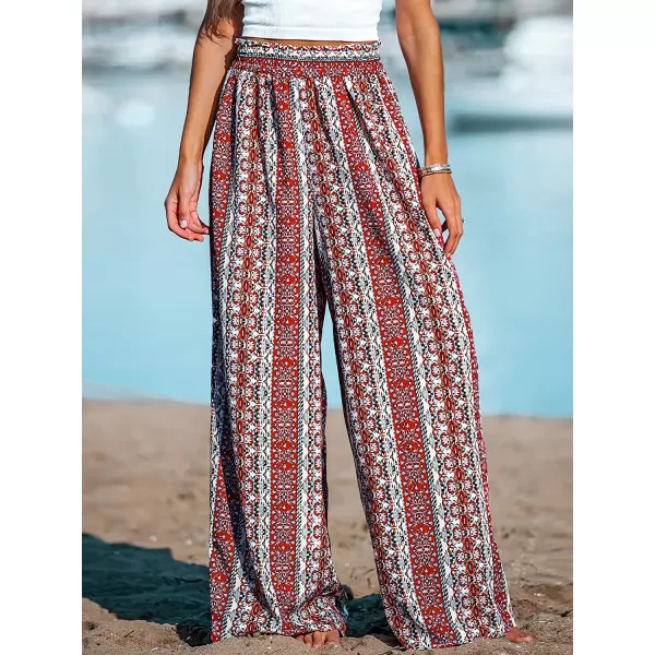imageCUPSHE Womens Wide Leg Tribal Print Smocked Pants High Elastic Waisted Bobo PantsRed