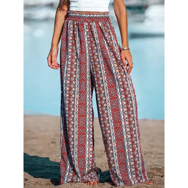 imageCUPSHE Womens Wide Leg Tribal Print Smocked Pants High Elastic Waisted Bobo PantsRed