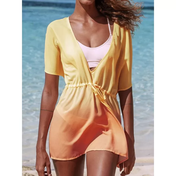 imageCUPSHE Womens Yellow Gradient Plunge Drawstring Cover Up Tie Waist Half Flared SleevesYellow