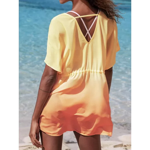 imageCUPSHE Womens Yellow Gradient Plunge Drawstring Cover Up Tie Waist Half Flared SleevesYellow