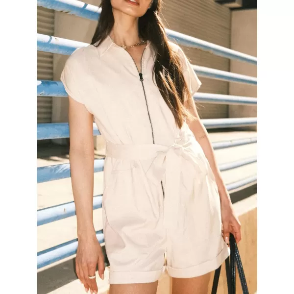 imageCUPSHE Womens Zipper Shirt Collar Pocket Romper Casual Tie Waist RompersOffwhite