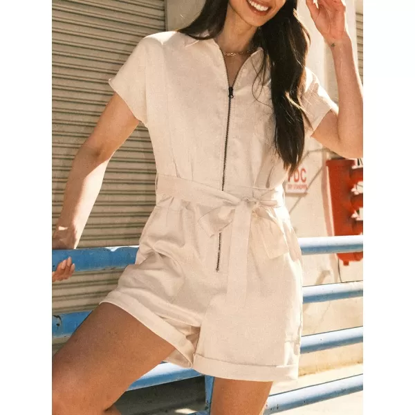 imageCUPSHE Womens Zipper Shirt Collar Pocket Romper Casual Tie Waist RompersOffwhite