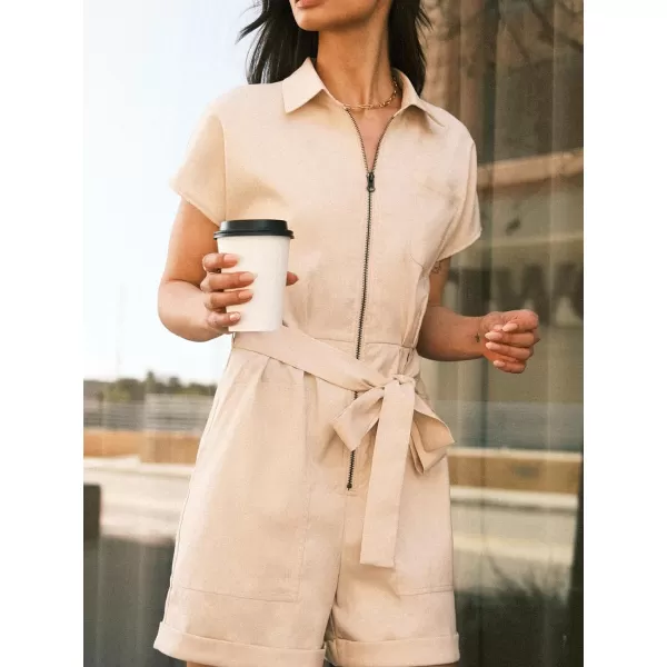 imageCUPSHE Womens Zipper Shirt Collar Pocket Romper Casual Tie Waist RompersOffwhite
