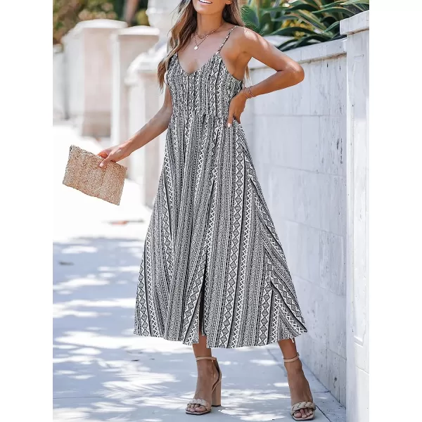 imageCUPSHE WomensV Neck Geo Print Sleeveless Maxi Dress Casual A Line Side Slit Summer Long DressBlack