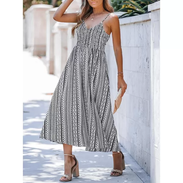 imageCUPSHE WomensV Neck Geo Print Sleeveless Maxi Dress Casual A Line Side Slit Summer Long DressBlack