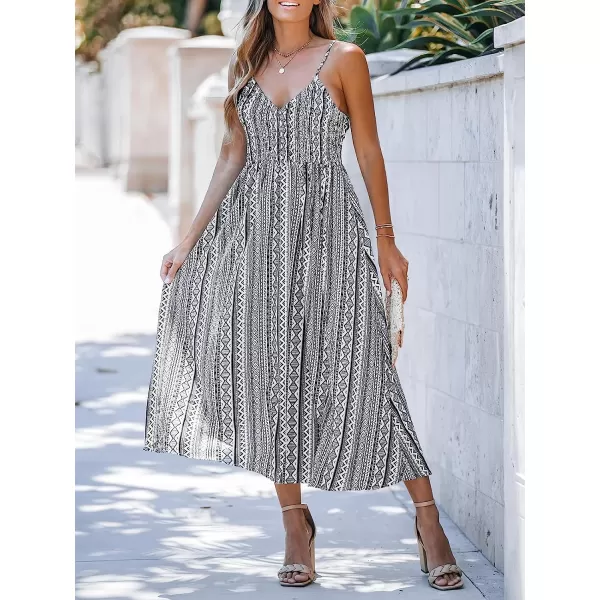 imageCUPSHE WomensV Neck Geo Print Sleeveless Maxi Dress Casual A Line Side Slit Summer Long DressBlack