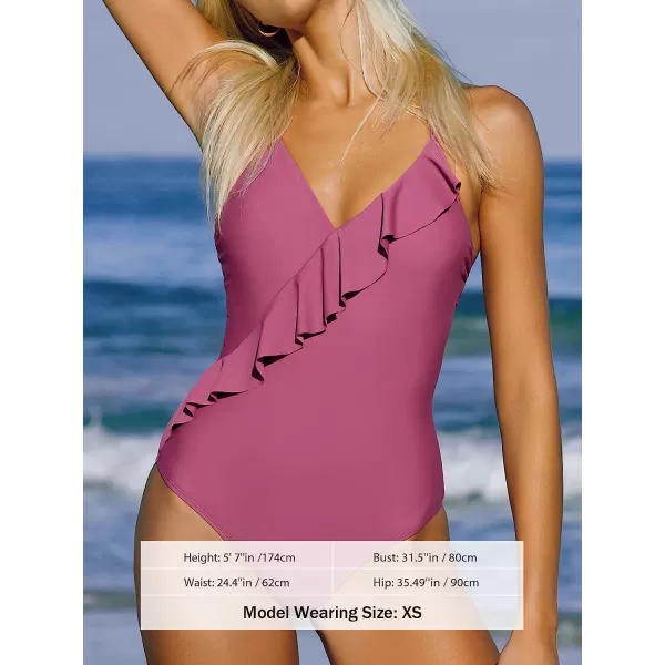 imageCUPSHE Womenss One Piece Swimsuit Bathing Suit V Neck Ruffled Cross Back Adjustable StrapsMauve