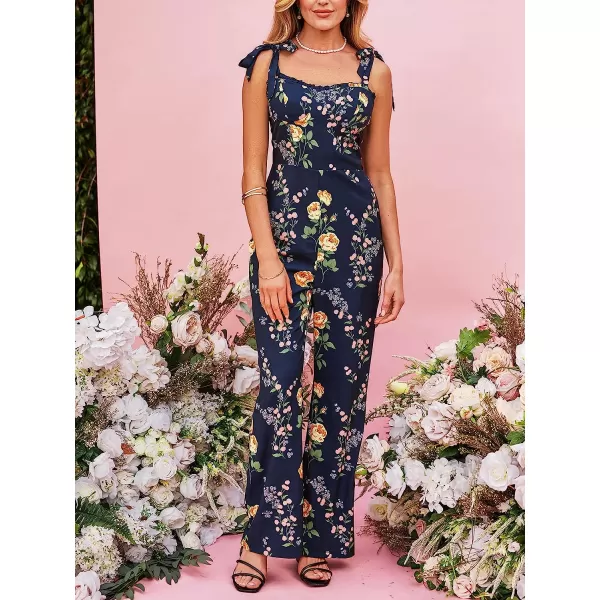 imageCUPSHE X Madison Bow Tie Straps Floral Print Straight leg Romper Sleeveless Bouquet Long JumpsuitNavy Floral