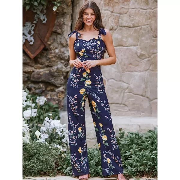imageCUPSHE X Madison Bow Tie Straps Floral Print Straight leg Romper Sleeveless Bouquet Long JumpsuitNavy Floral