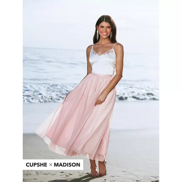imageCUPSHE X Madison Devotion Mesh ALine Maxi Skirt Mesh Overlay Skirts for Women Summer Ruching Long SkirtPink