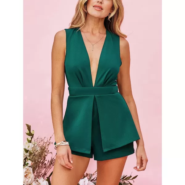 imageCUPSHE X Madison V Neck Wide Straps Honeymoon Plunge Backless Romper Short Sleeveless Tiered Hem Short JumpsuitGreen