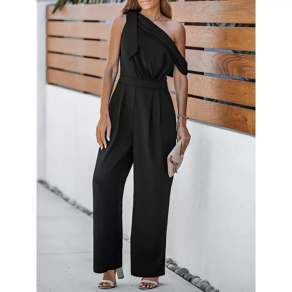 imageCUPSHE X Madison Women Romance Bow OneShoulder Jumpsuit Wide Leg Rompers Bow Accent JumpsuitsBlack