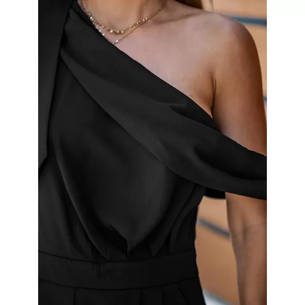 imageCUPSHE X Madison Women Romance Bow OneShoulder Jumpsuit Wide Leg Rompers Bow Accent JumpsuitsBlack