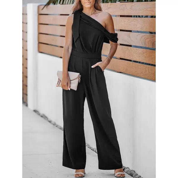 imageCUPSHE X Madison Women Romance Bow OneShoulder Jumpsuit Wide Leg Rompers Bow Accent JumpsuitsBlack