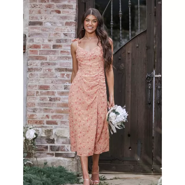 imageCUPSHE X Madison Womens Bouquet Floral Print Ruched Dress Tie Straps Side Slit Dress Pleated Long Formal Dress Midi DressPink Floral