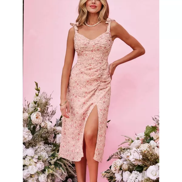 imageCUPSHE X Madison Womens Bouquet Floral Print Ruched Dress Tie Straps Side Slit Dress Pleated Long Formal Dress Midi DressPink Floral