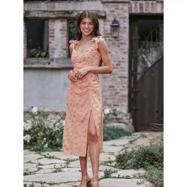 imageCUPSHE X Madison Womens Bouquet Floral Print Ruched Dress Tie Straps Side Slit Dress Pleated Long Formal Dress Midi DressPink Floral