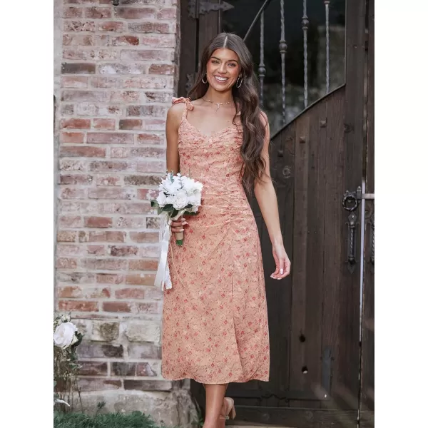 imageCUPSHE X Madison Womens Bouquet Floral Print Ruched Dress Tie Straps Side Slit Dress Pleated Long Formal Dress Midi DressPink Floral