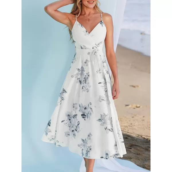 imageCUPSHE X Madison Womens Floral Print Long Dress Cami Strap Formal Dress Belt Side Slit Long Chiffon Maxi DressWhite