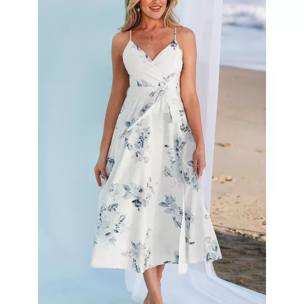 imageCUPSHE X Madison Womens Floral Print Long Dress Cami Strap Formal Dress Belt Side Slit Long Chiffon Maxi DressWhite