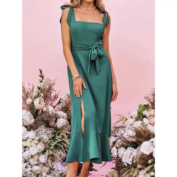 imageCUPSHE X Madison Womens Love Belted Tie Strap Dress Pleated Smocking Slit Formal Dress Maxi DressGreen